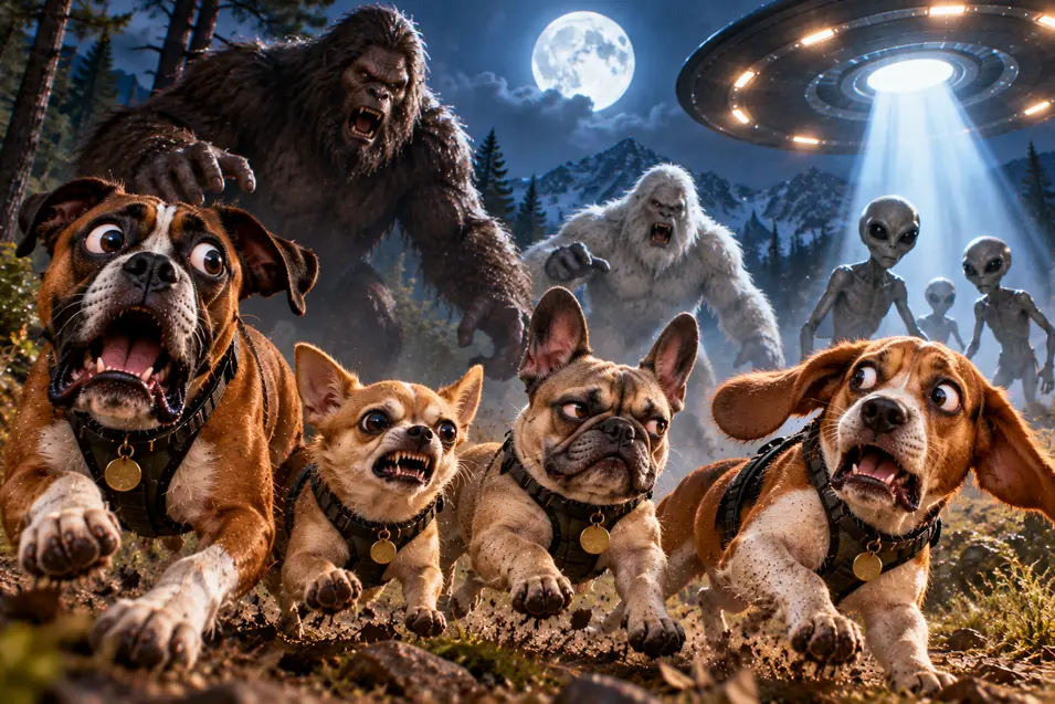 Four terrified dogs flee through a moonlit forest as Bigfoot, a snarling Yeti, and mysterious aliens emerge beneath a hovering UFO.