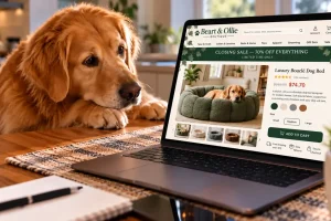 A golden retriever watches a laptop displaying Beart & Ollie, a pet boutique website advertising a 70% off closing sale on luxury dog beds.