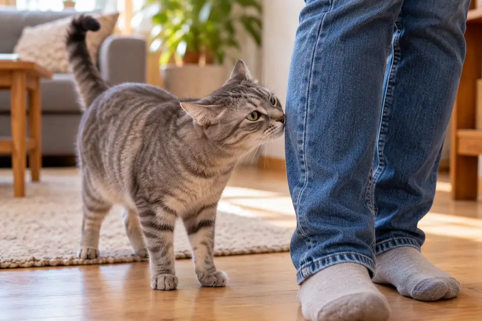 A curious grey tabby cat sniffs a visitor's jeans in a sunlit living room, investigating unfamiliar scents carried in on their clothing.