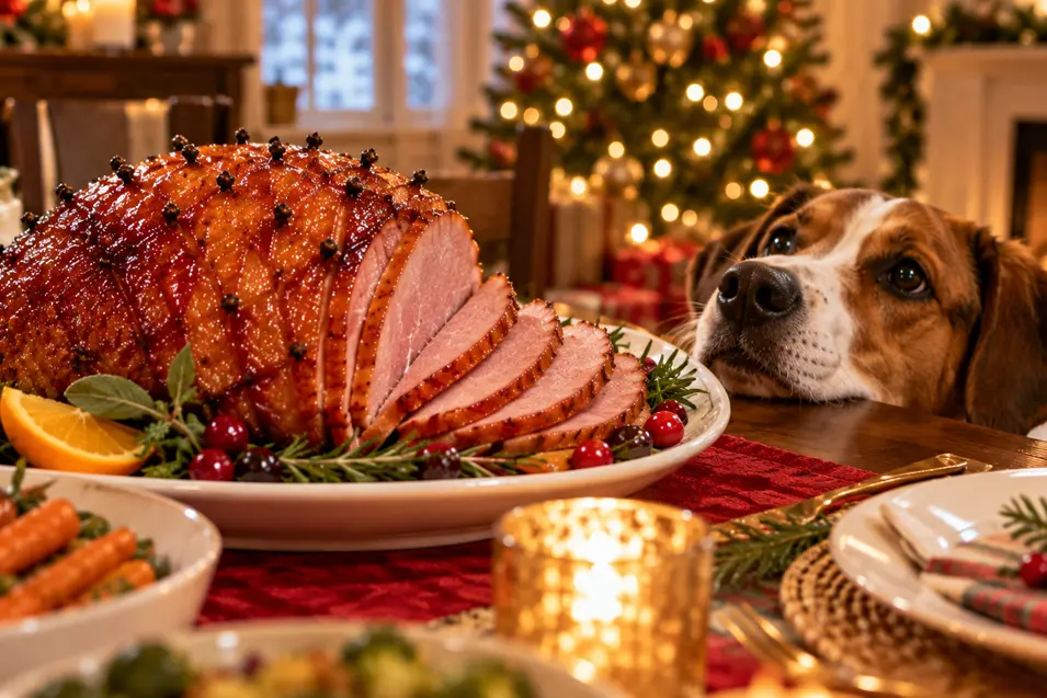 A dog gazes longingly at a glazed Christmas ham surrounded by festive decorations, candles, and holiday dinner dishes.