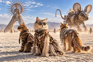 Three fashion-forward cats in elaborate desert couture pose on the playa as a giant mechanical mouse art car rolls past.