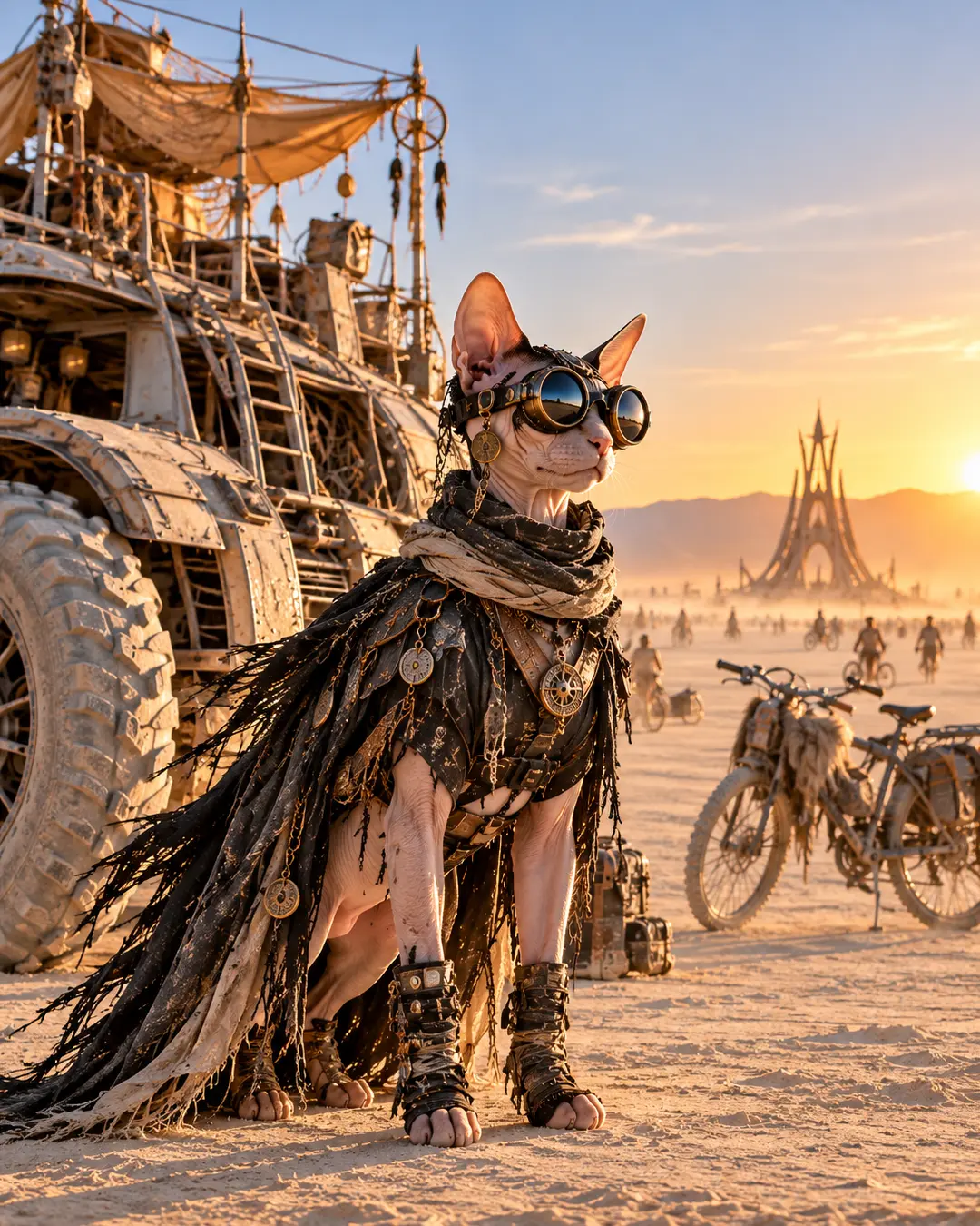 Sphynx cat in elaborate post-apocalyptic couture, goggles and layered accessories poses against a surreal desert festival at sunset.