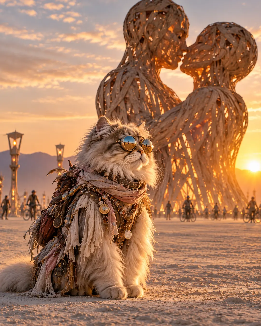 Fluffy cat in layered desert couture and round sunglasses poses at sunset before a monumental sculpture of two figures embracing.