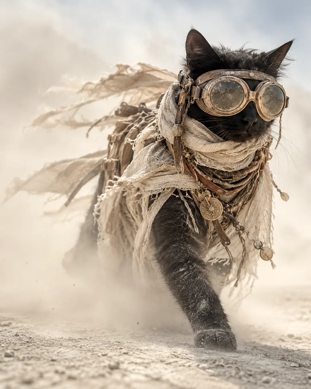 Black cat in weathered desert goggles and tattered layered couture strides through a swirling dust storm with fierce post-apocalyptic attitude.