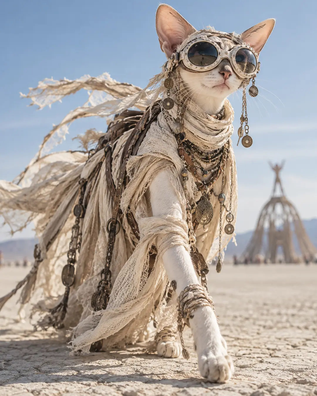 White cat in distressed desert couture, vintage goggles and layered metal charms strides confidently across the sun-bleached playa.