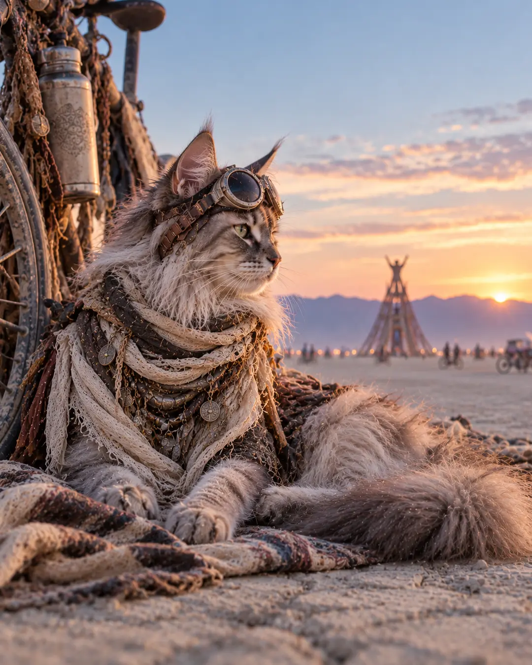 Long-haired cat in layered desert couture and vintage goggles lounges beside an art vehicle as the sun sets across the playa.