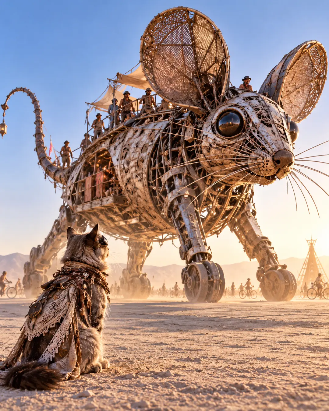 Cat in elaborate desert couture gazes up at a colossal mechanical mouse art car crossing the sunlit playa.