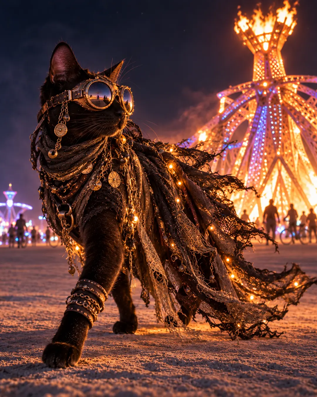 Black cat in elaborate desert couture and vintage goggles strides across the playa as a towering illuminated sculpture burns behind it.