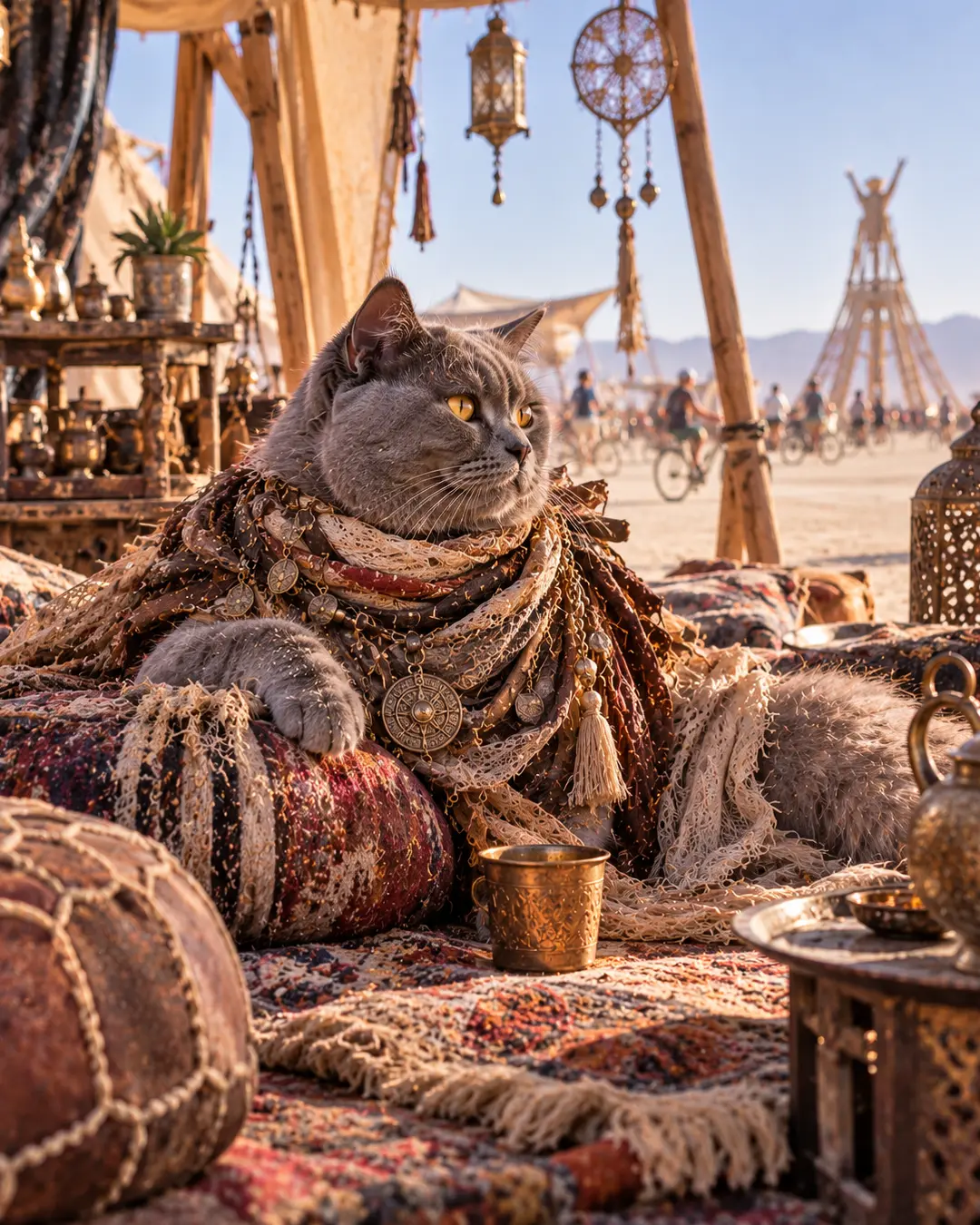 Grey cat draped in richly layered desert textiles and jewelry lounges inside an ornate camp as cyclists cross the sunlit playa.