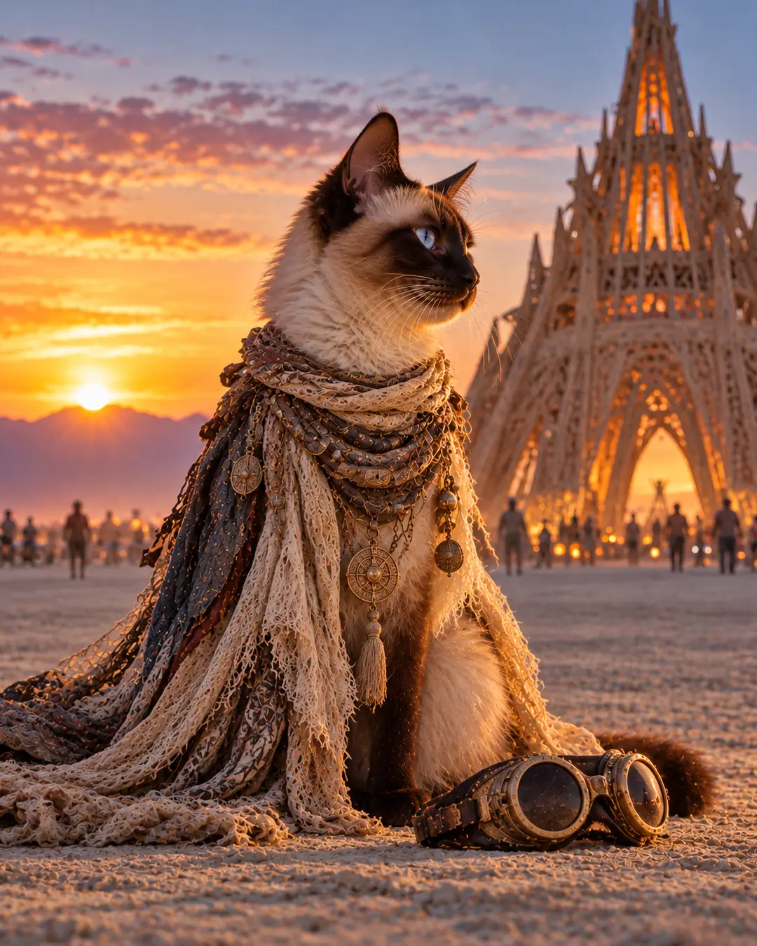 Siamese cat draped in intricate desert couture sits against a glowing sunset, with vintage goggles resting on the playa.