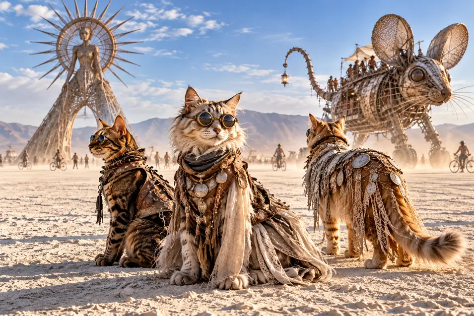 Three fashion-forward cats in elaborate desert couture pose on the playa as a giant mechanical mouse art car rolls past.