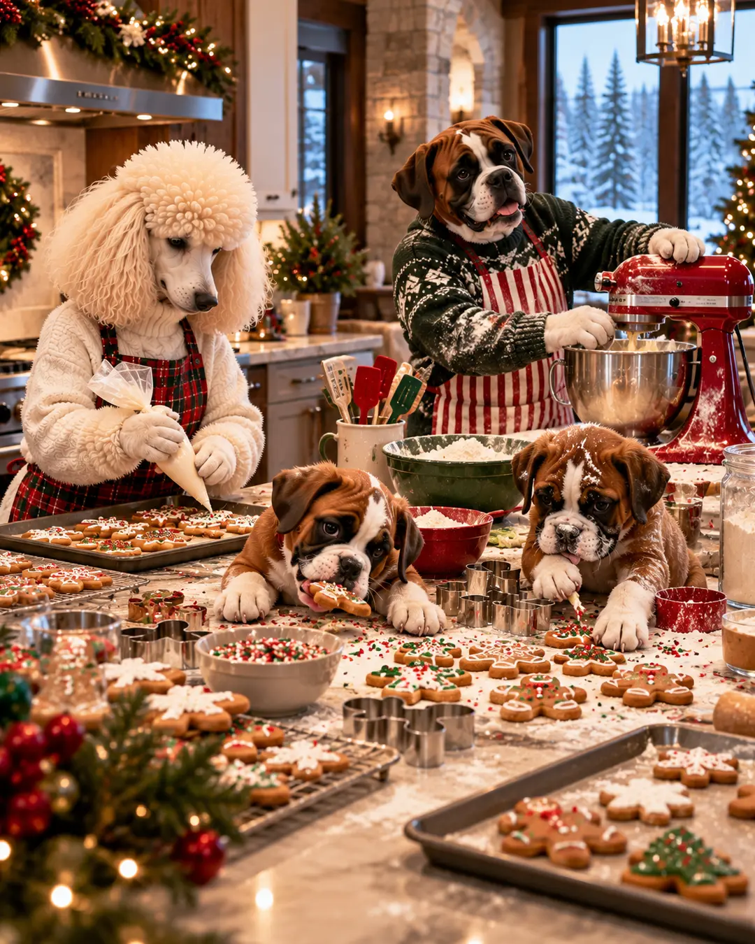 A festive dog family bakes Christmas cookies in a cozy kitchen, while two mischievous puppies sneak treats amid flour, icing and holiday decorations.