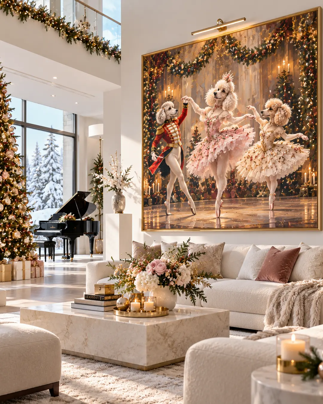 A grand painting of poodles performing The Nutcracker ballet adorns an elegant Parisian Christmas salon with pink velvet furnishings and sparkling chandeliers.