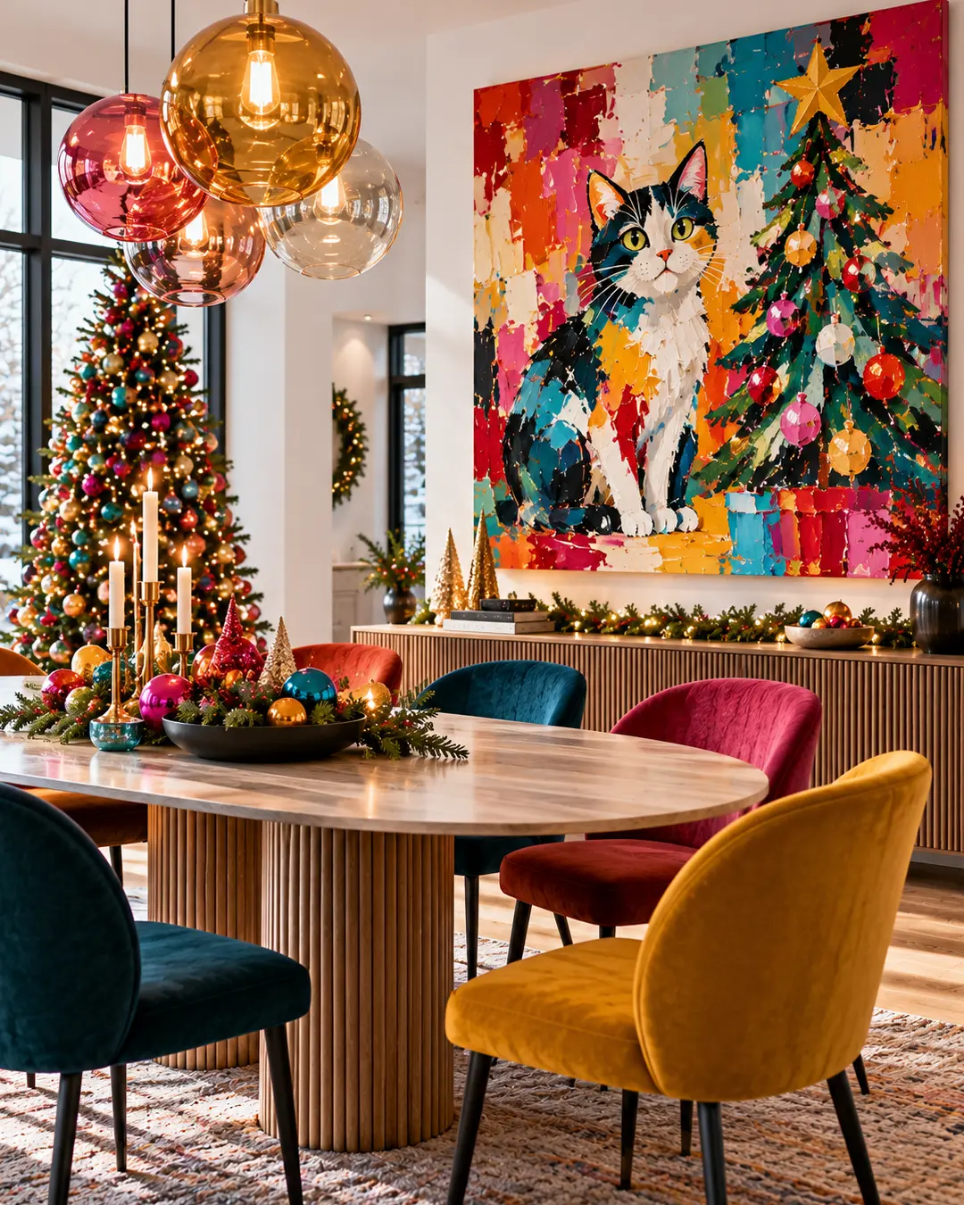 A vibrant painting of a black-and-white cat beside a Christmas tree brightens a colourful contemporary dining room with velvet chairs and glass pendant lights.