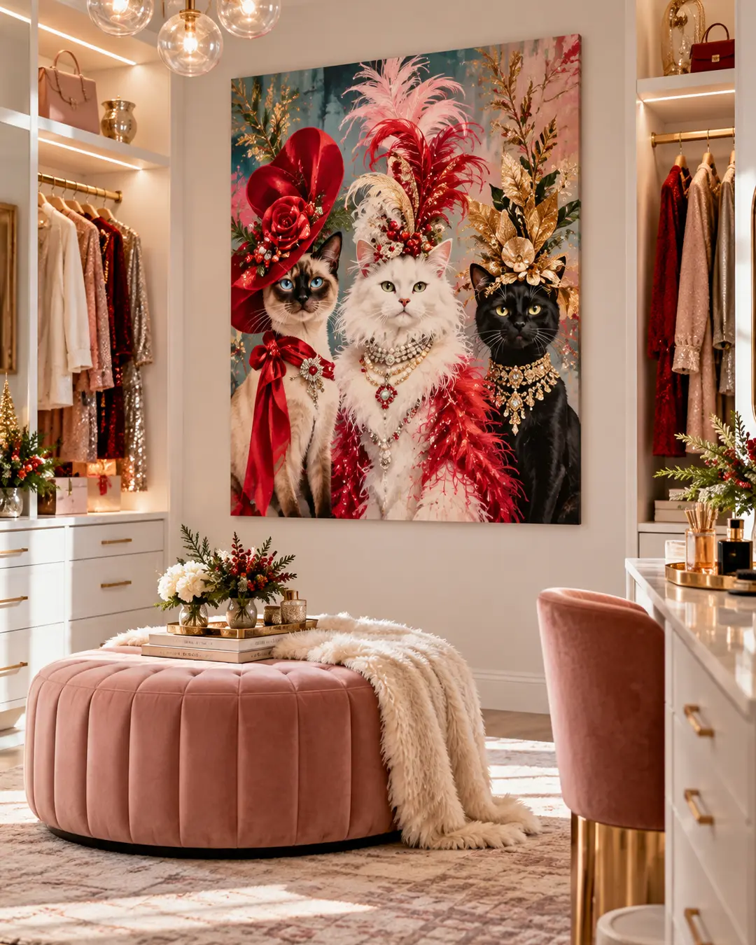A glamorous portrait of three cats wearing extravagant festive hats and jewels hangs in a luxurious dressing room with pink velvet furnishings.