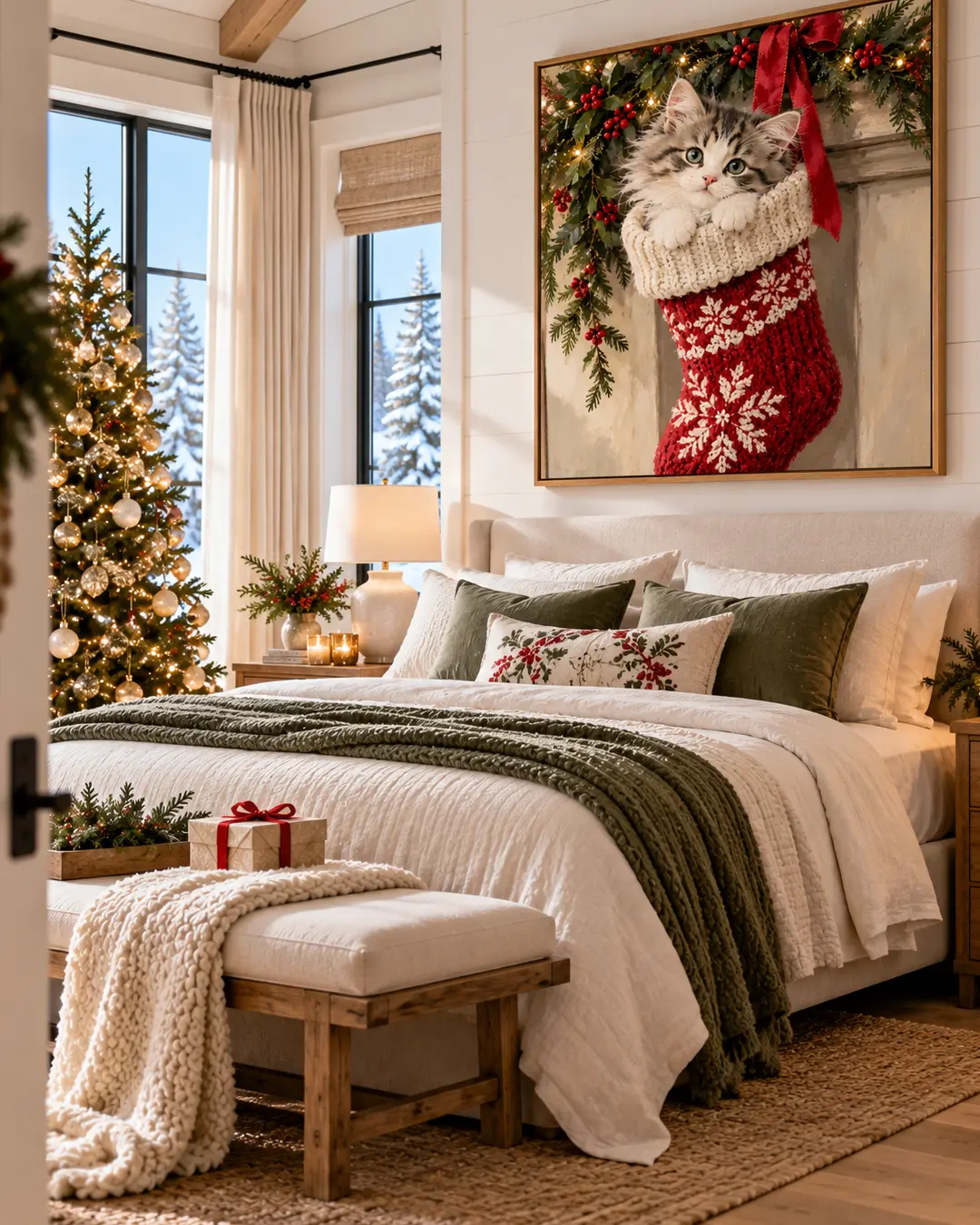 A charming portrait of a fluffy kitten nestled in a red Christmas stocking hangs above a cozy bed in an elegant, festively decorated bedroom.