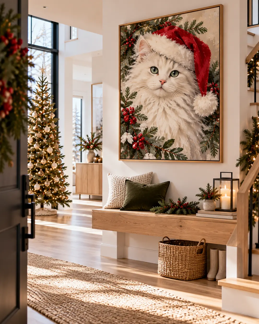 A large portrait of a fluffy white cat wearing a Santa hat hangs above a wooden bench in a bright, modern entryway decorated for Christmas.