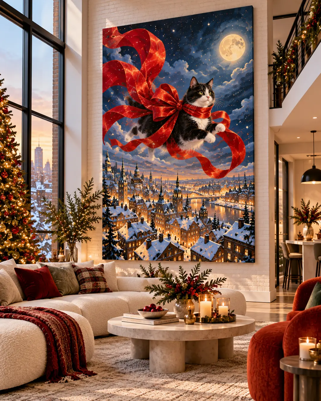 A tuxedo cat floats above a snowy city on flowing red ribbons in a giant Christmas artwork displayed in a festive modern loft.