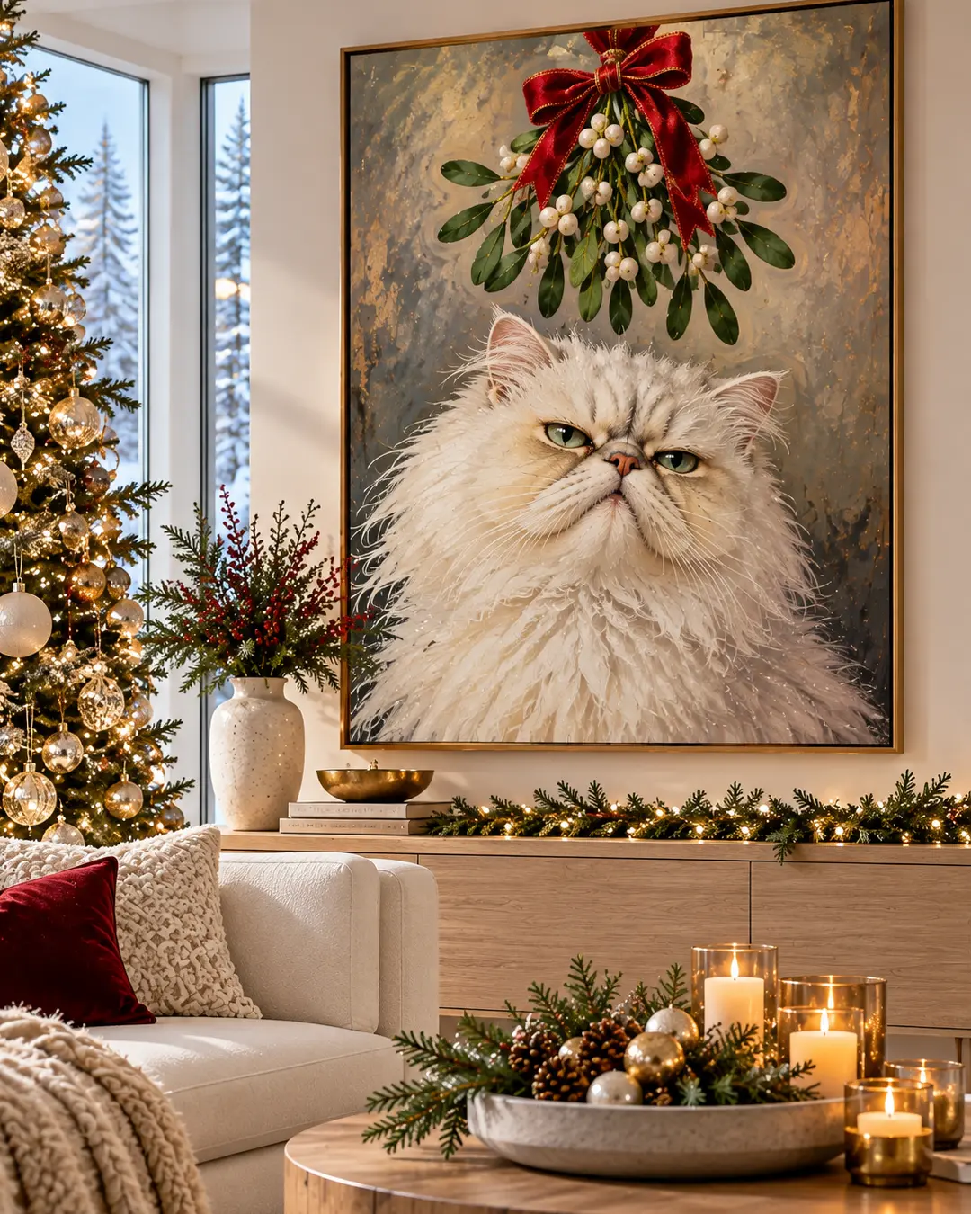 A large portrait of a grumpy white Persian cat beneath festive mistletoe hangs in an elegant Christmas living room with a decorated tree and candles.