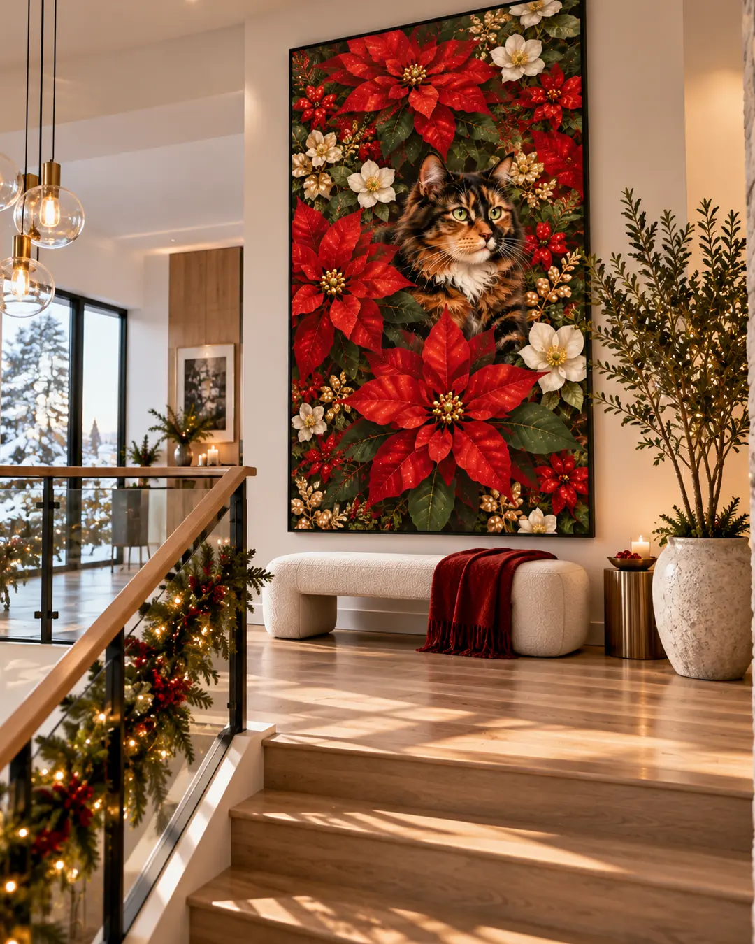 A fluffy tabby cat peers through red poinsettias and white flowers in oversized Christmas artwork above a bench in an elegant modern hallway.