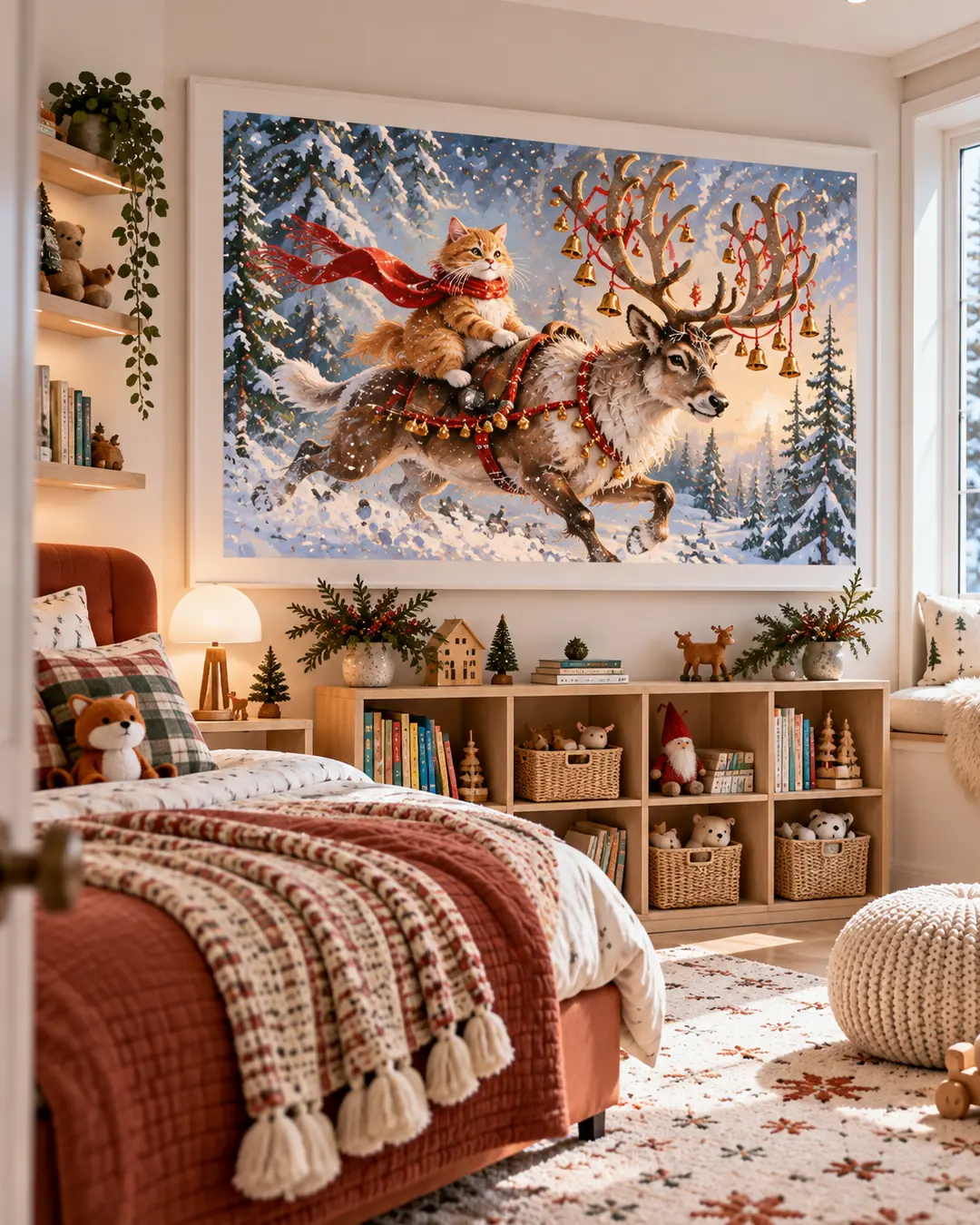 A beautiful portrait of a Maine Coon cat surrounded by festive greenery hangs above an elegant vanity in a bright bedroom decorated for Christmas.