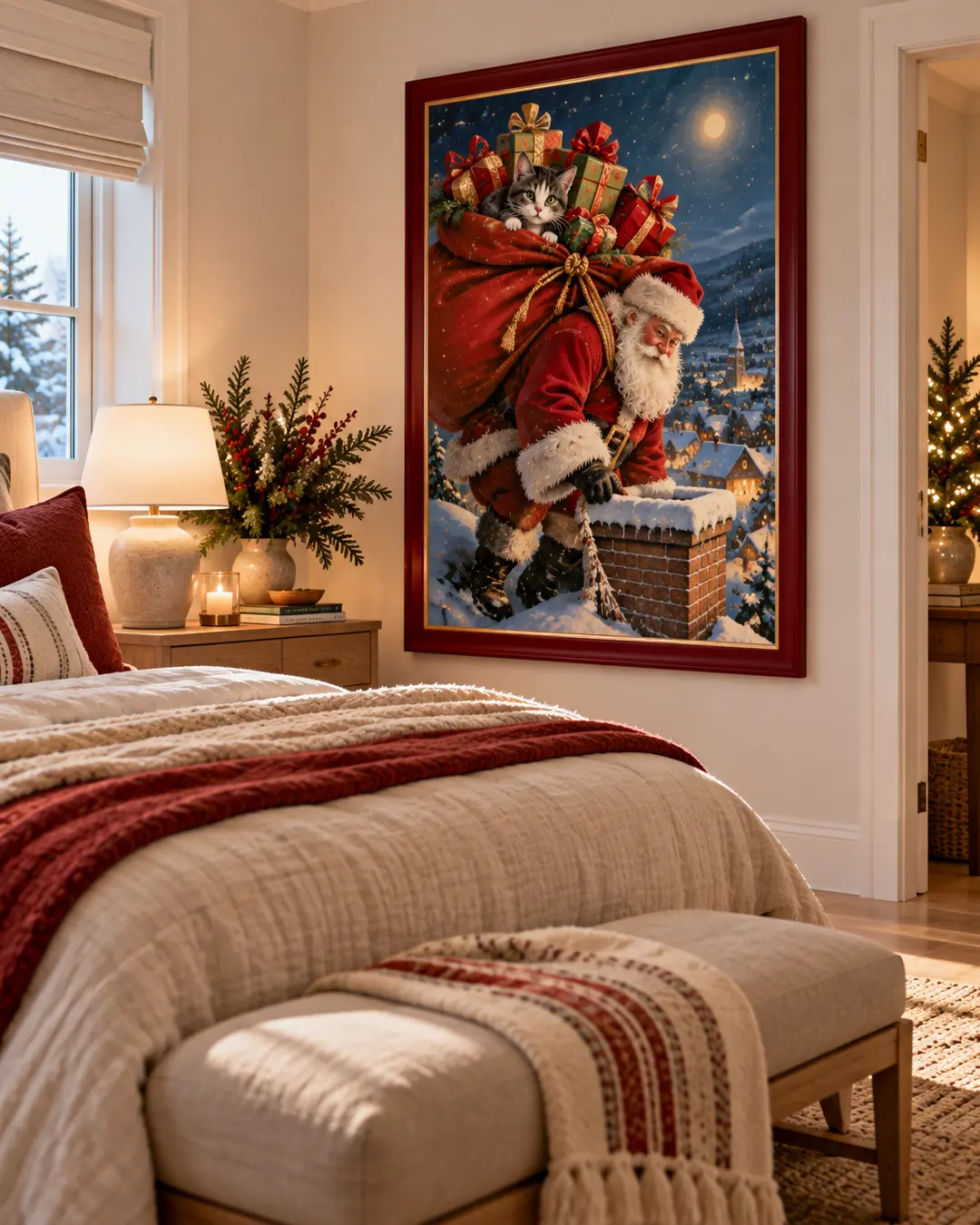 A whimsical painting of Santa carrying a sack of gifts with a mischievous kitten peeking out hangs in a cozy Christmas bedroom.