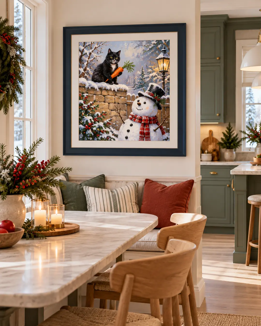 A framed illustration of a black cat holding a carrot above a cheerful snowman hangs in a cozy Christmas dining nook with festive greenery.