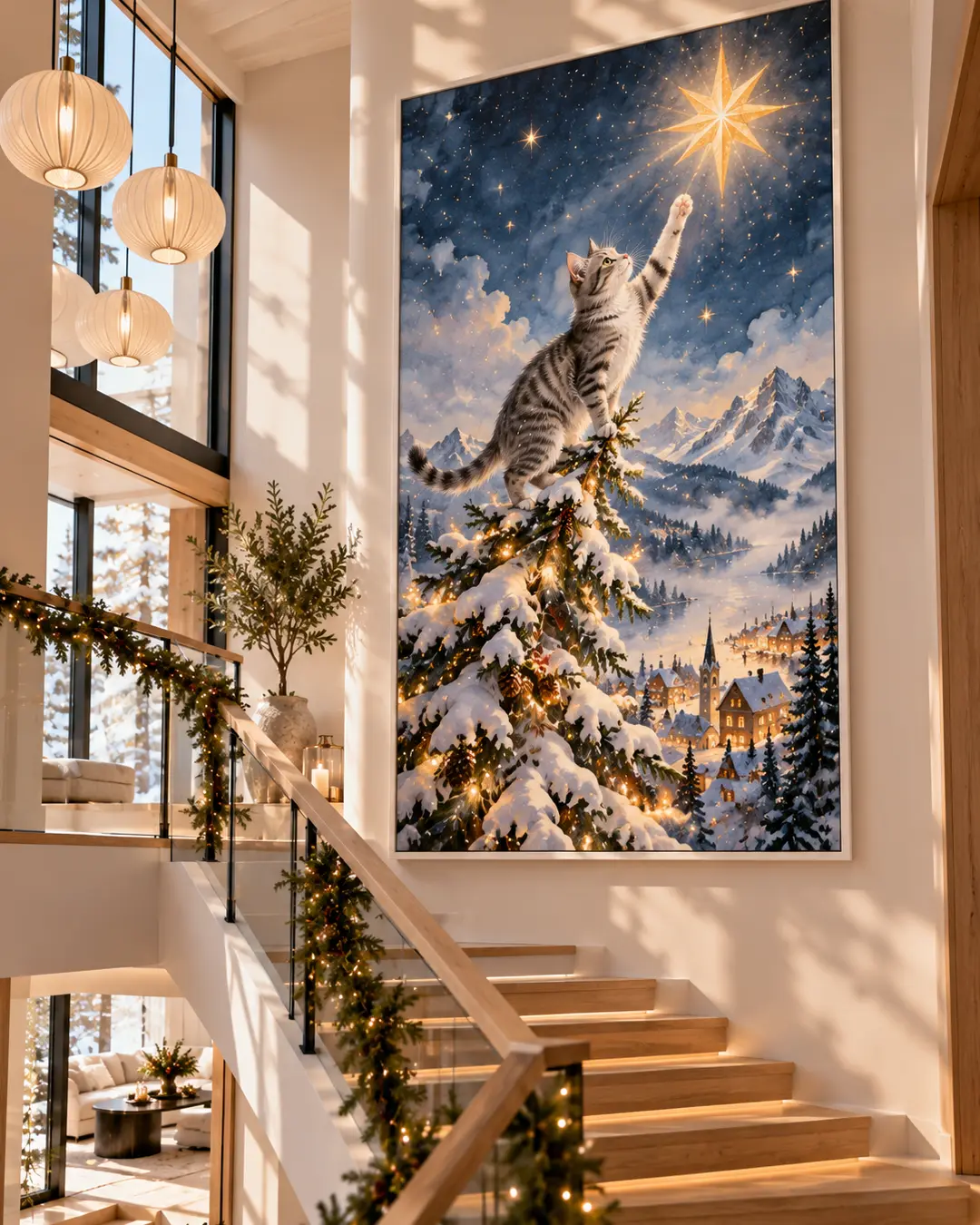 A tabby cat reaches for a glowing Christmas star atop a snowy tree in oversized artwork displayed above a grand staircase in a bright modern home.