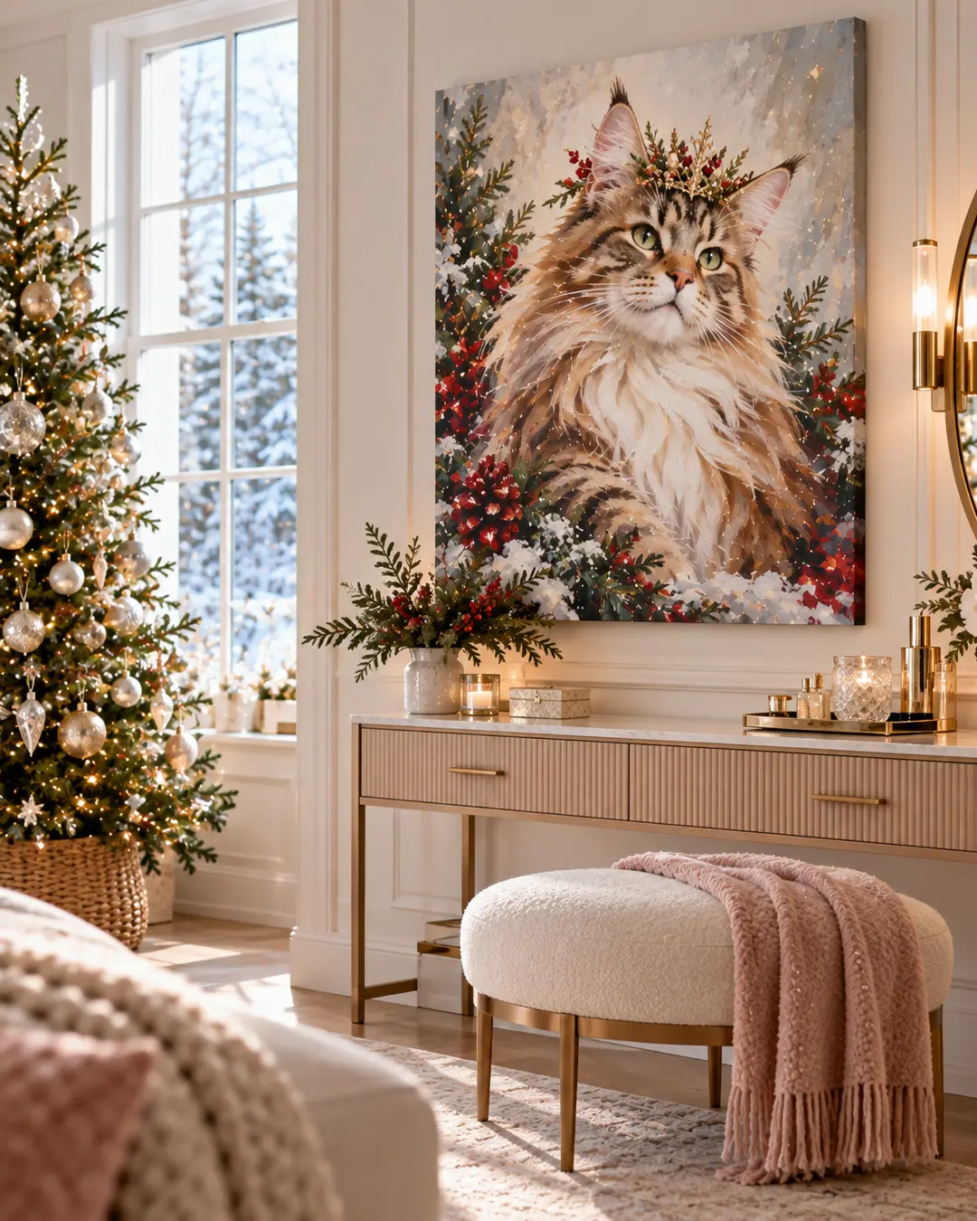 A beautiful portrait of a Maine Coon cat surrounded by festive greenery hangs above an elegant vanity in a bright bedroom decorated for Christmas.