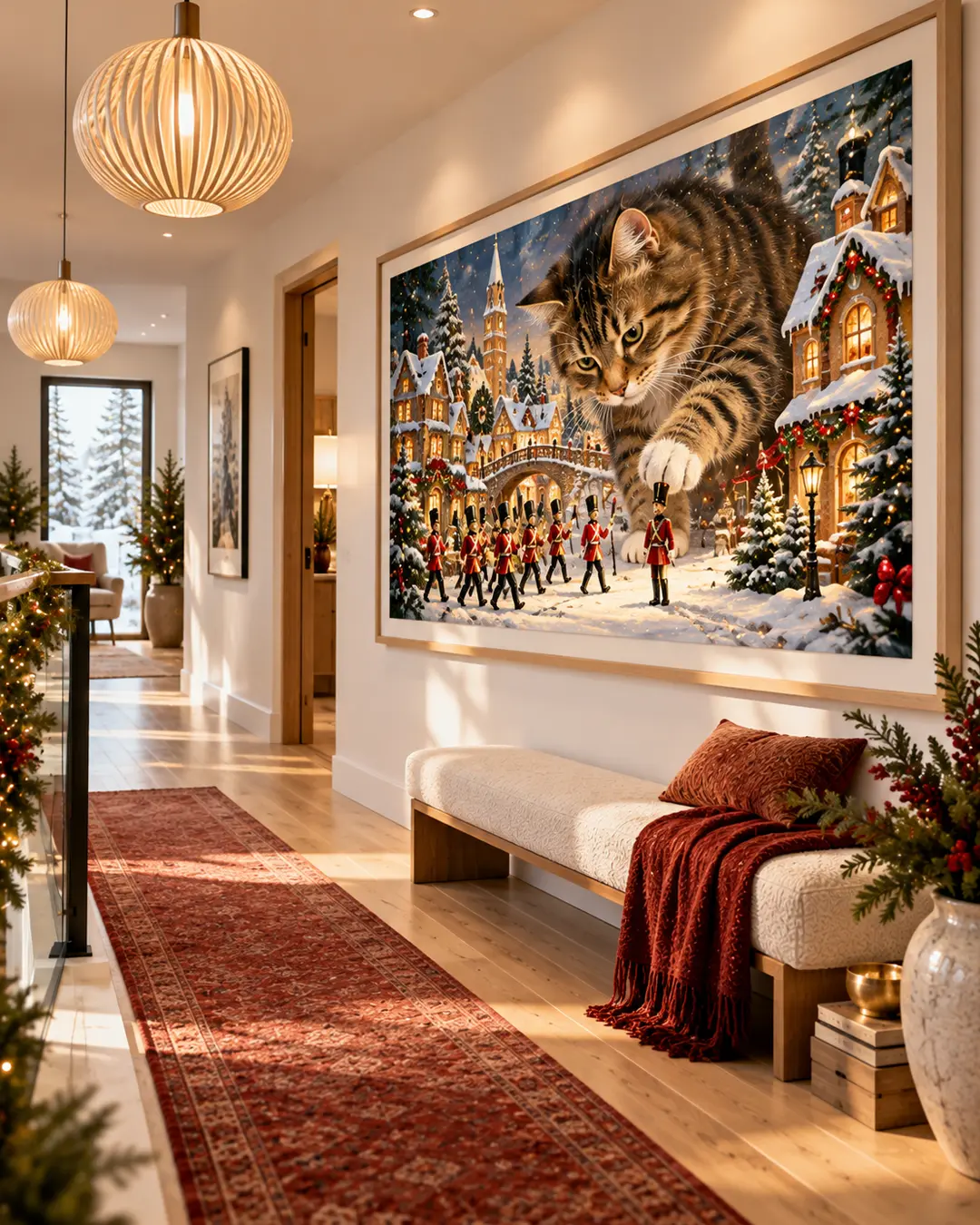 A giant tabby cat playfully towers over toy soldiers in a snowy Christmas village painting, displayed in a bright, elegant hallway with festive decor. Is this conversation helpful so far?
