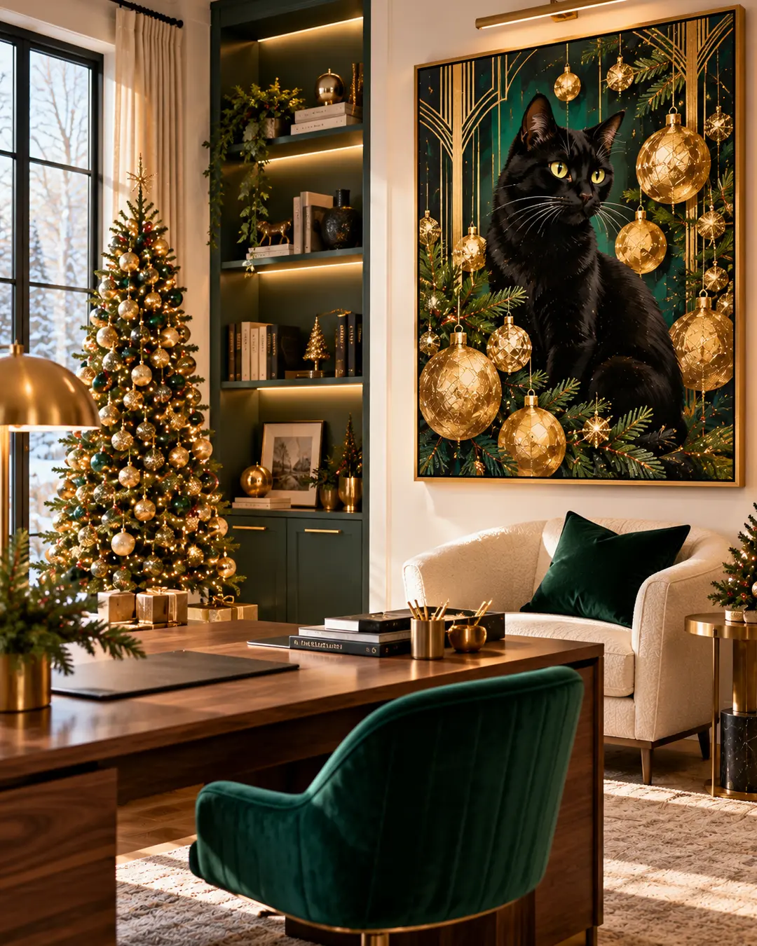 A striking portrait of a black cat surrounded by golden Christmas ornaments hangs in an elegant home office with emerald green accents and a festive tree.