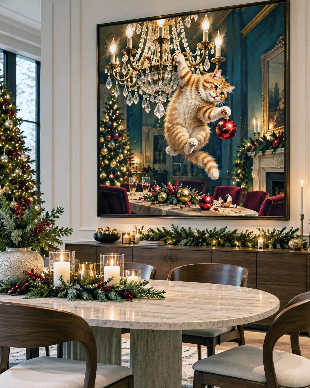 A playful orange tabby cat dangles from a chandelier, clutching a Christmas ornament in a whimsical painting displayed in an elegant festive dining room.
