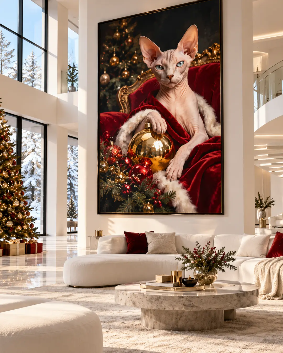A regal Sphynx cat in a red velvet robe holds a golden Christmas ornament in oversized artwork displayed in a luxurious, sunlit modern living room.