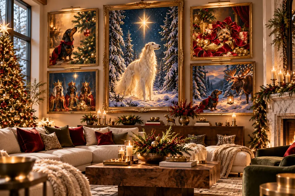 A luxurious Christmas living room showcases five gold-framed paintings of dogs in festive scenes, surrounded by elegant furnishings, glowing candles and a decorated tree.