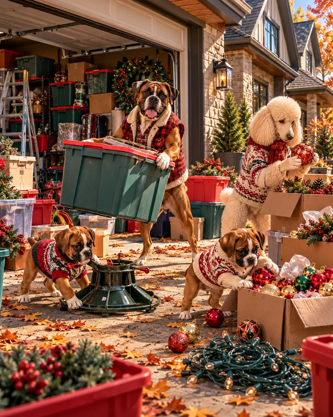 A family of dogs in festive sweaters unpacks Christmas decorations in the driveway, surrounded by ornaments, tangled lights, and holiday chaos.