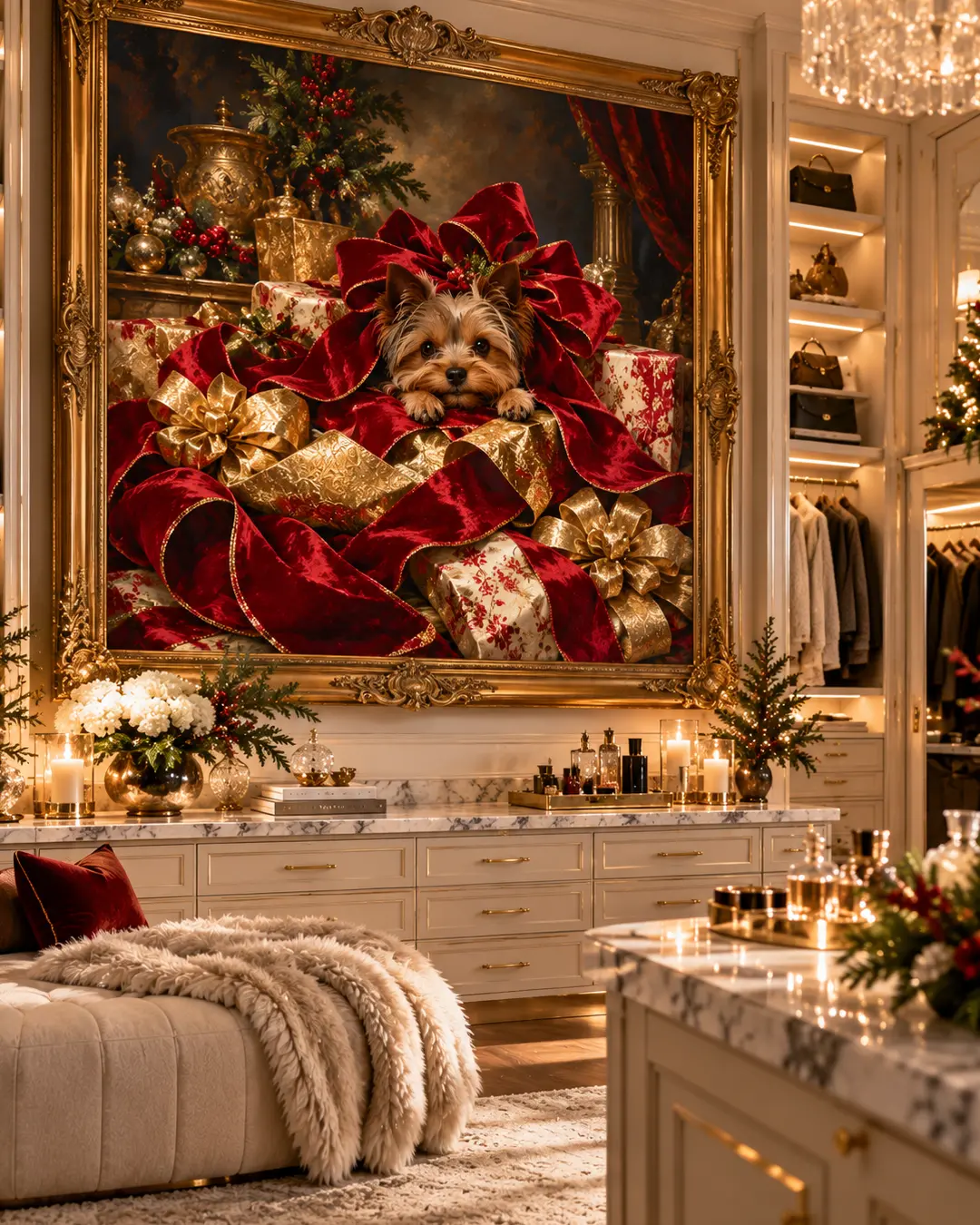 A lavish gold-framed painting of a Yorkshire Terrier nestled among Christmas presents adorns an elegant dressing room with marble counters and sparkling chandeliers.