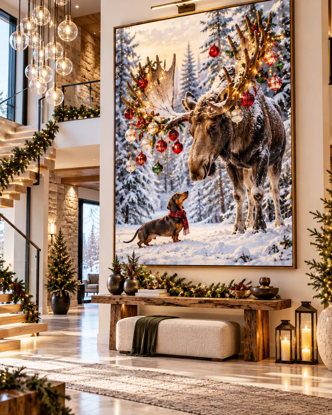 A giant painting of a Dachshund meeting a Christmas-decorated moose in a snowy forest dominates a luxurious modern home with festive garlands and warm lighting.