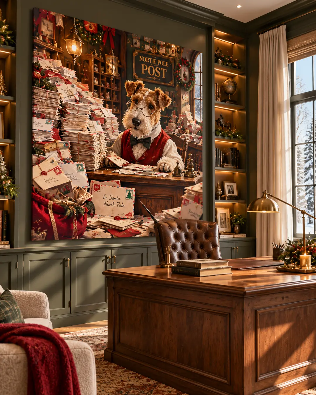 A charming painting of a bespectacled terrier sorting Santa's letters at the North Pole Post Office adorns an elegant Christmas home office.