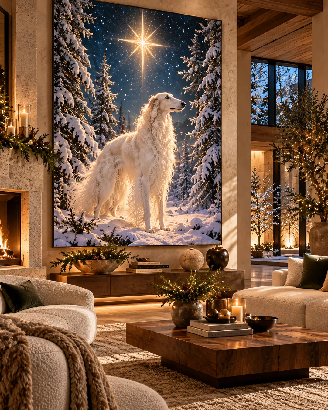 A magnificent painting of a white Borzoi beneath a radiant Christmas star illuminates an elegant mountain home with warm wood accents and festive greenery.