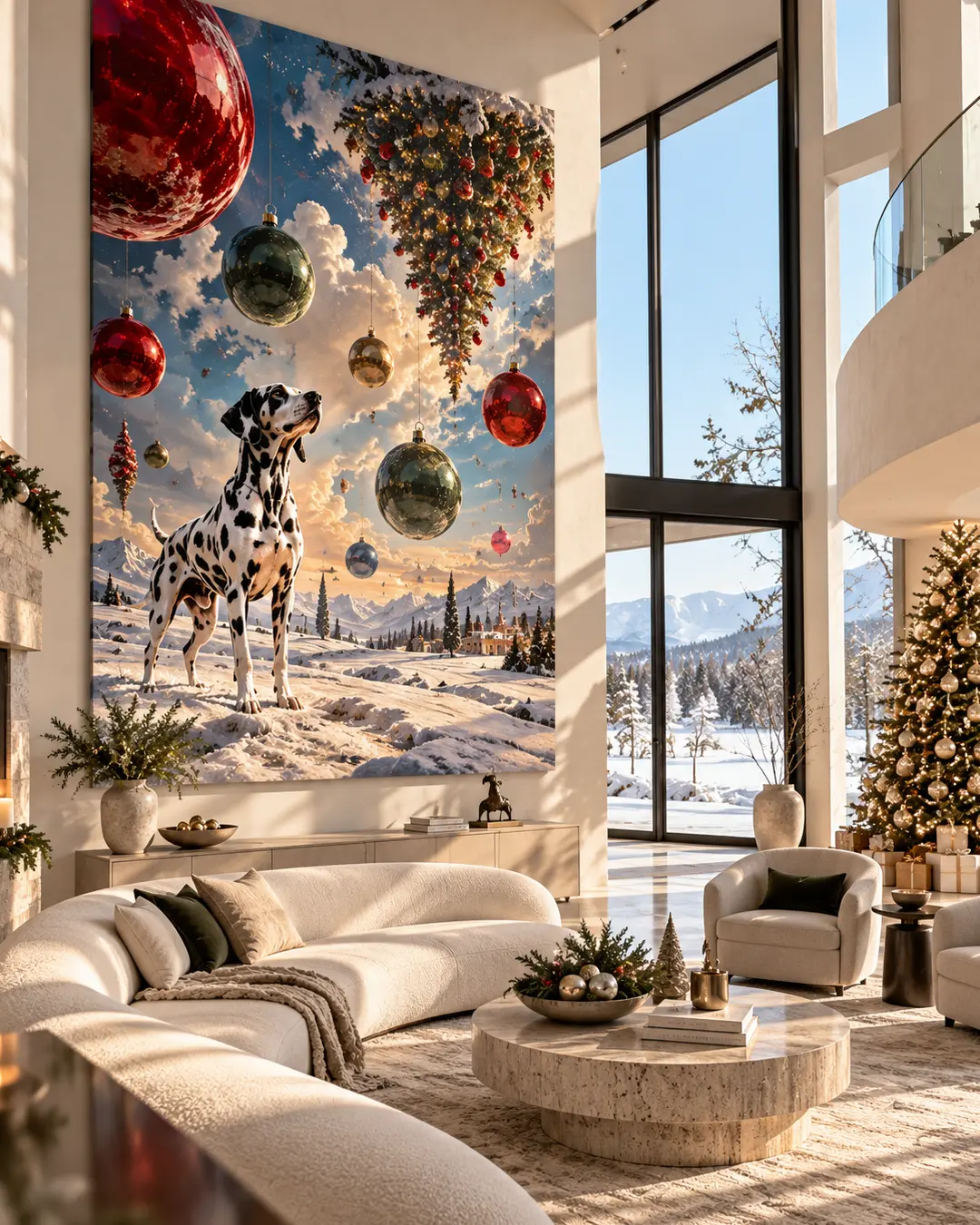 A spectacular painting of a Dalmatian beneath floating Christmas ornaments dominates a luxurious modern mountain home with snowy views and elegant furnishings. Do you like this personality?
