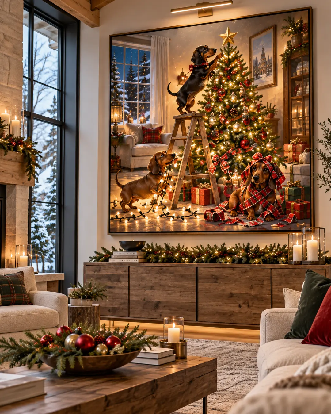 A playful painting of three Dachshunds decorating a Christmas tree brings festive charm to a luxurious mountain home with rustic wood furnishings and cozy decor.