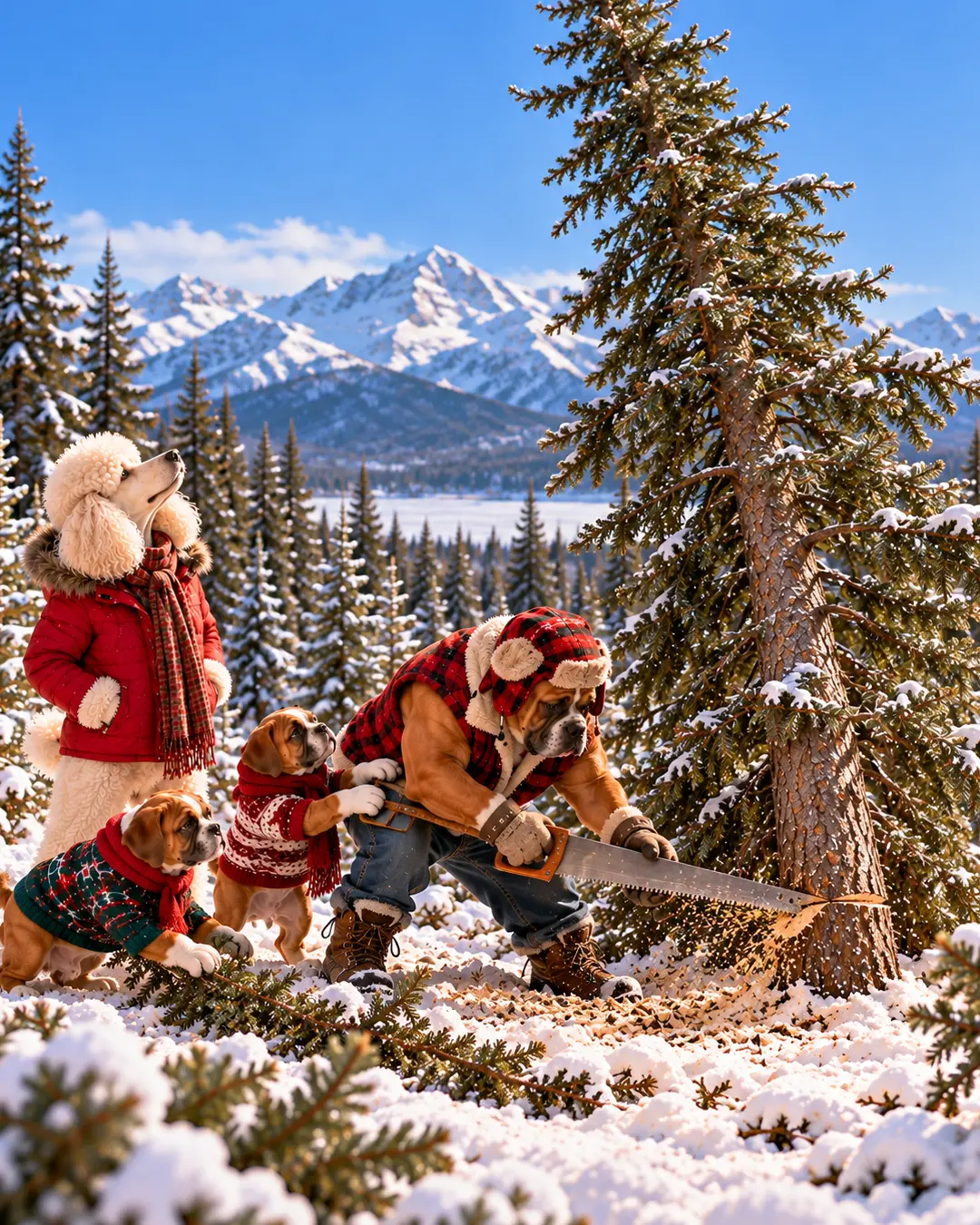 A Boxer saws down a Christmas tree in a snowy mountain forest while a Poodle supervises and two puppies eagerly help with the holiday adventure.