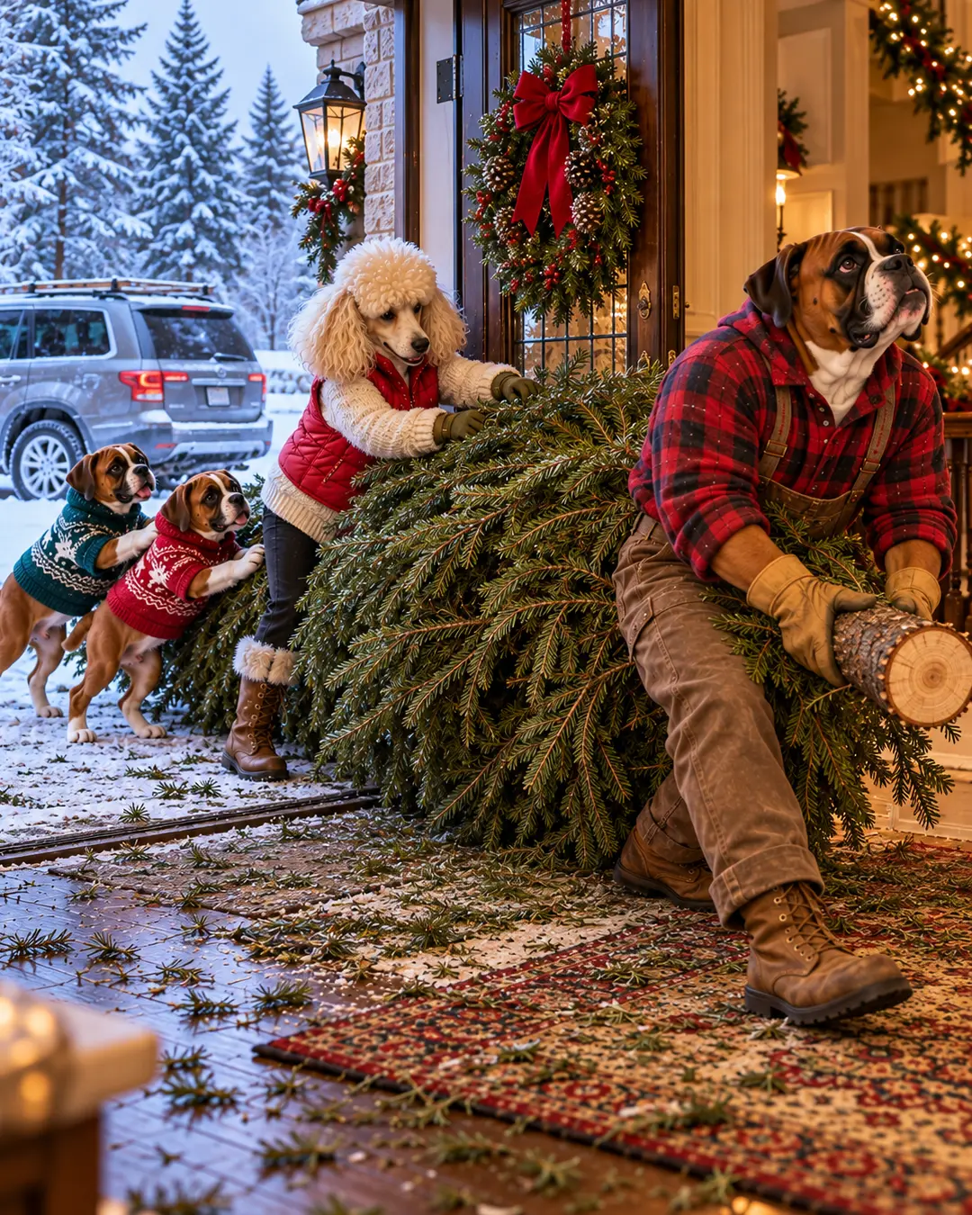 A family of dogs struggles to drag an enormous Christmas tree through their decorated doorway, leaving pine needles scattered across the floor.