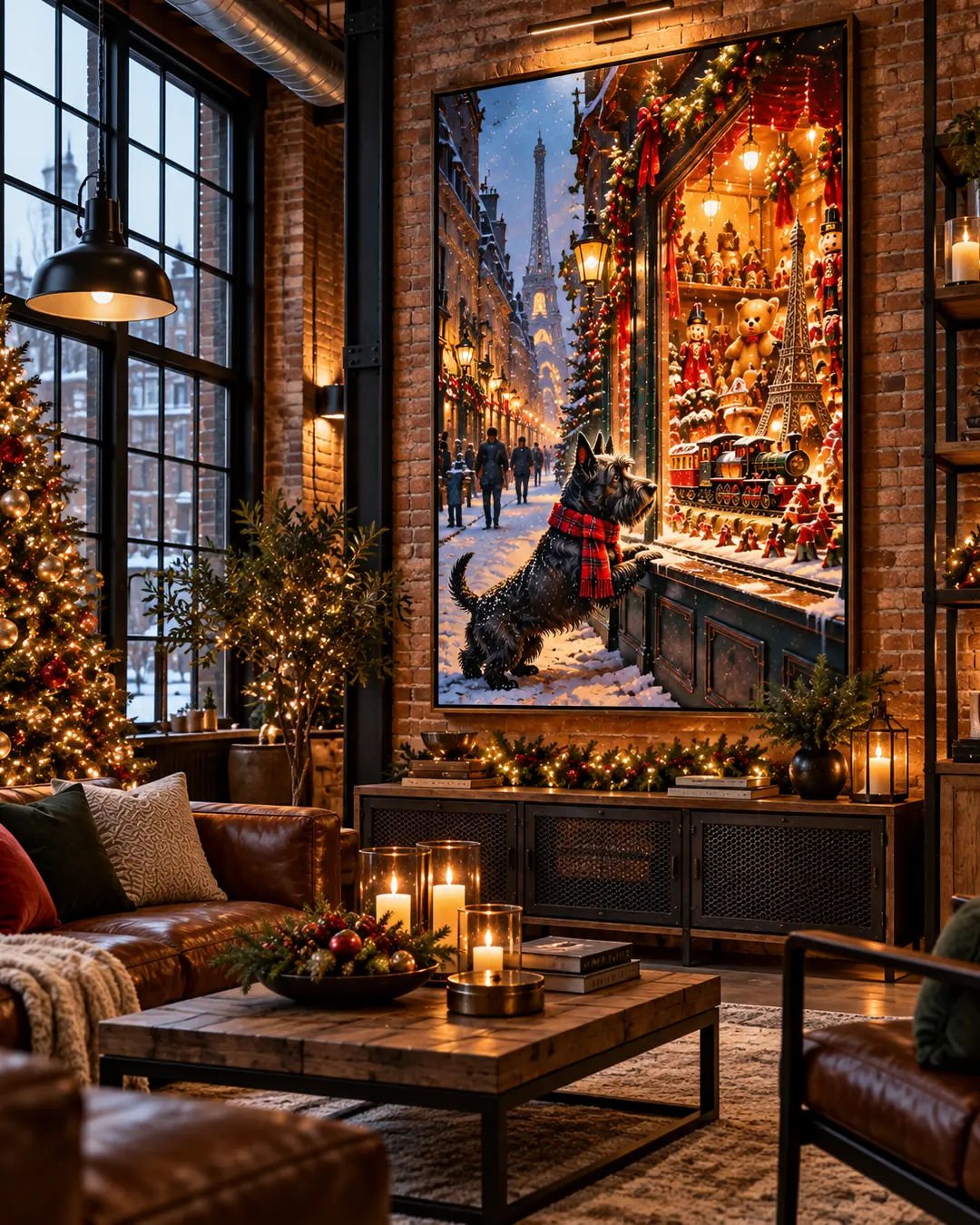 A nostalgic painting of a Scottish Terrier admiring a Parisian Christmas toy shop adorns an elegant industrial loft with exposed brick and festive decor.