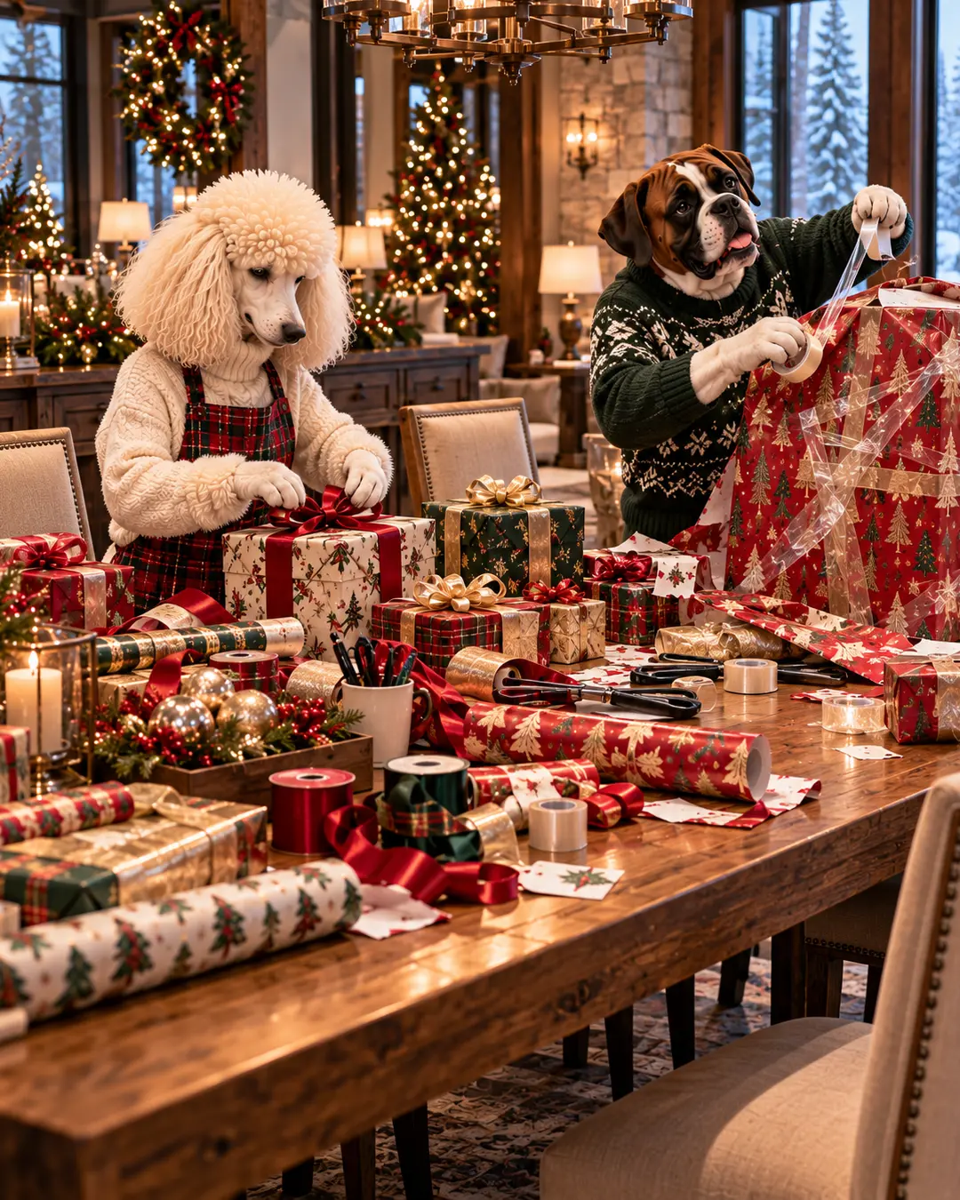 A festive dog couple wraps Christmas presents at a crowded dining table, surrounded by colourful paper, ribbons and gifts in their elegant holiday home.