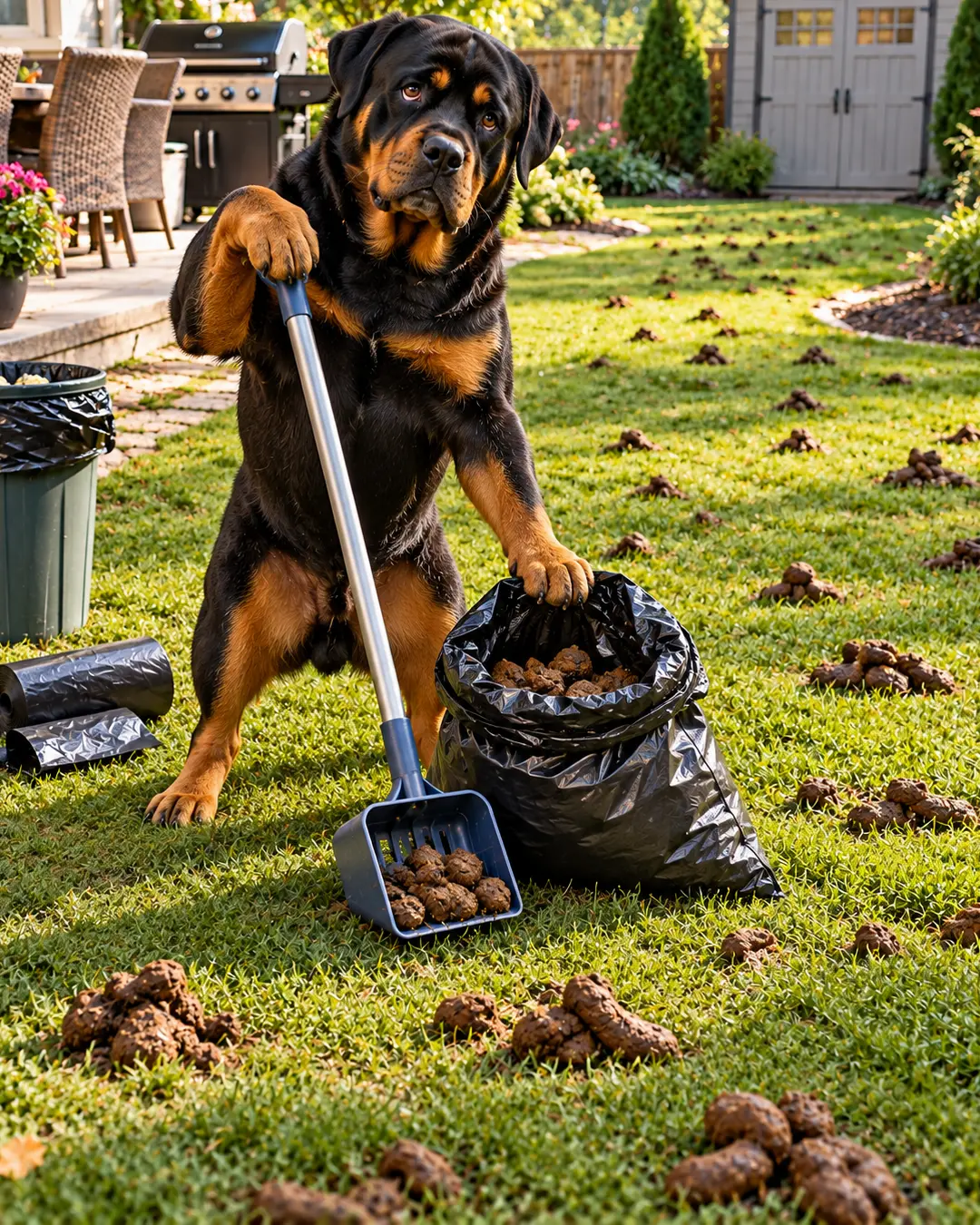 An overwhelmed Rottweiler tackles a backyard covered in dog poop, holding a pooper scooper and garbage bag while realizing the enormous job ahead.