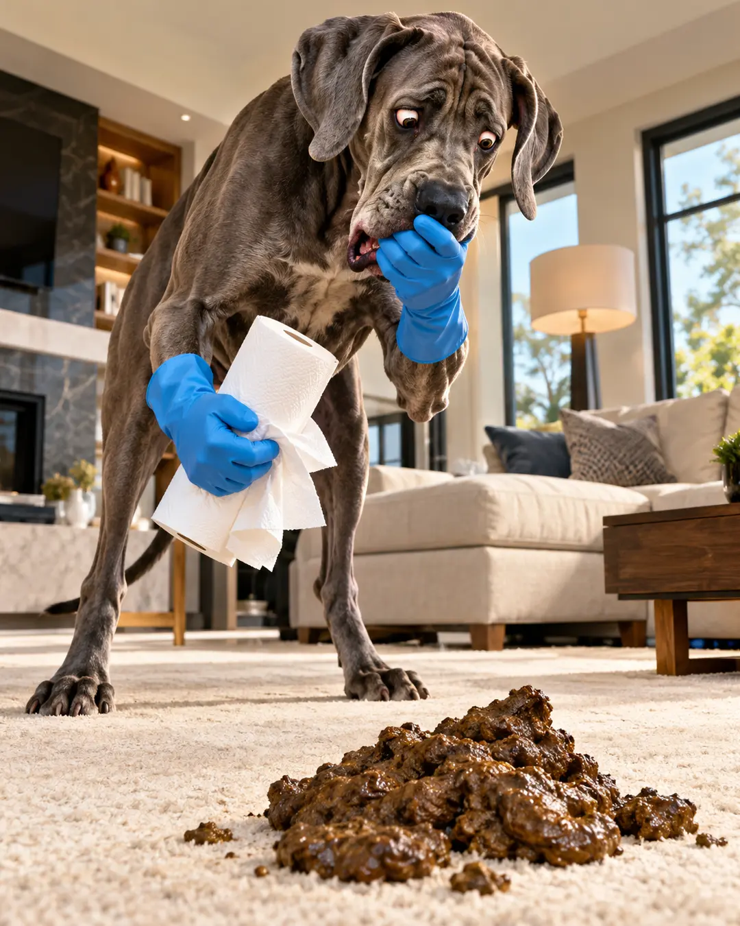 A horrified Great Dane in blue rubber gloves gags at an enormous pile of poop on the living room carpet, clutching paper towels and regretting everything.
