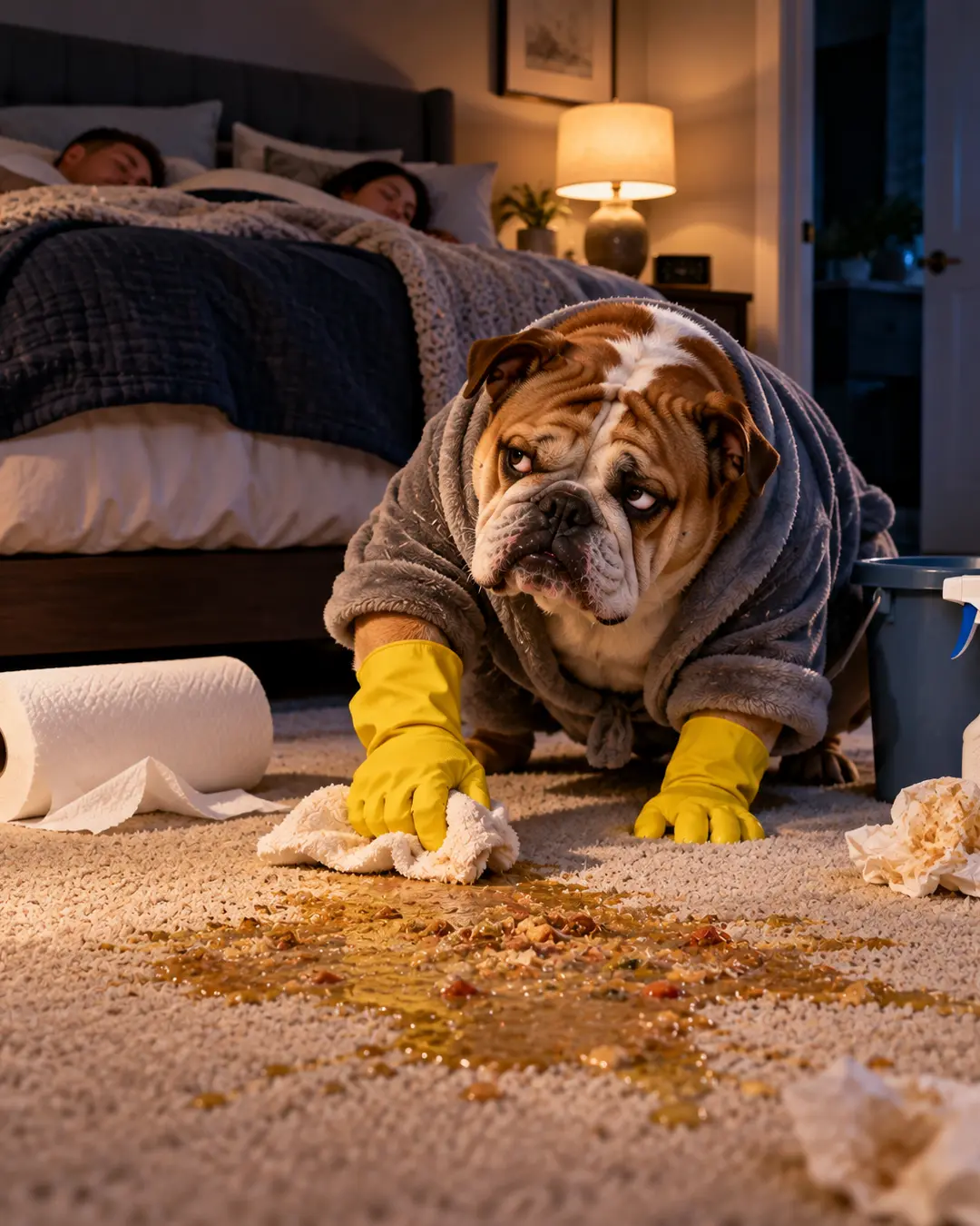 An exhausted English Bulldog in a bathrobe and rubber gloves scrubs a disgusting vomit stain from the bedroom carpet at 3 a.m. while his owners sleep peacefully.