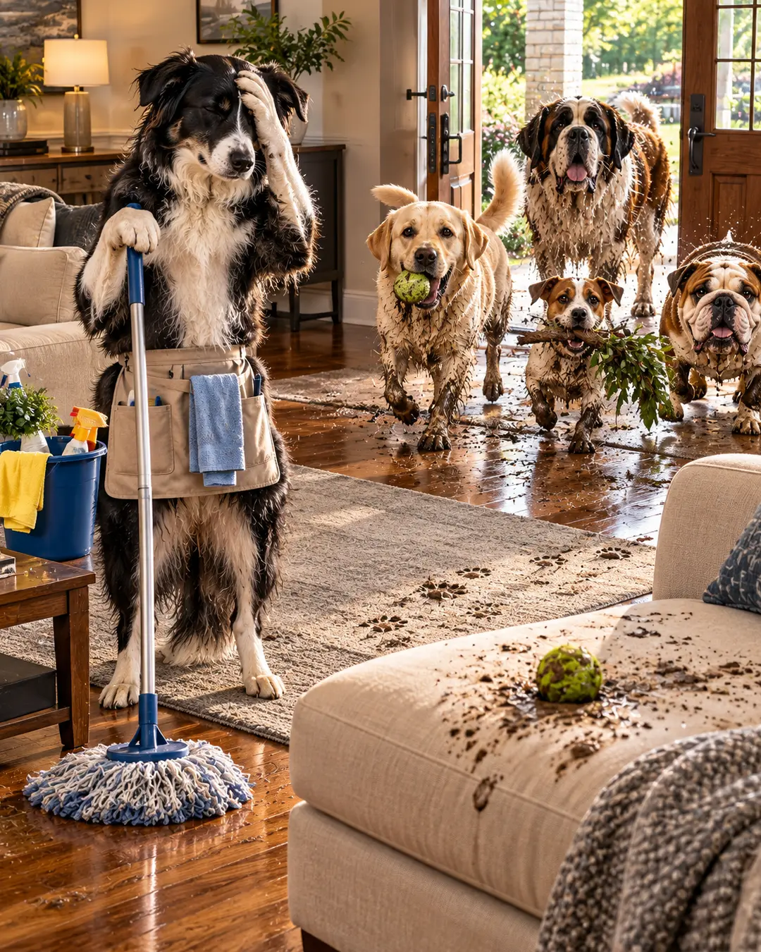 An exhausted Border Collie rests against a mop after cleaning the house, only to watch four muddy dogs charge inside and destroy all his hard work.