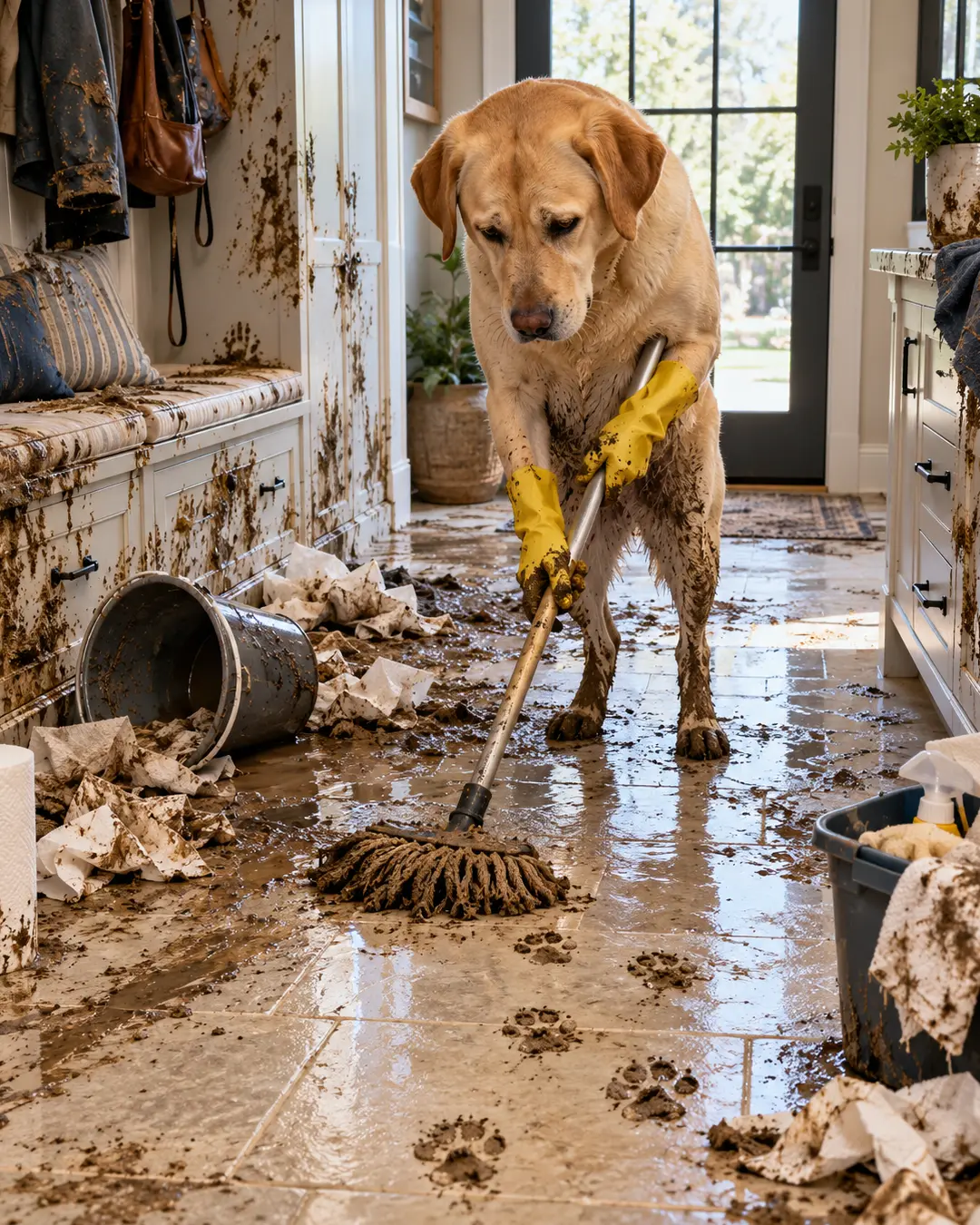 A muddy Labrador in yellow rubber gloves struggles to mop a mud-soaked entryway, surrounded by filthy pawprints, splattered walls and cleaning supplies.